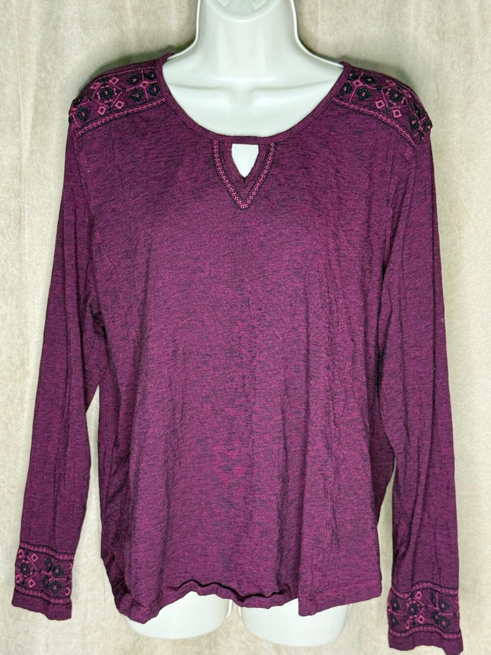 Aventura Heather Blackberry Long Sleeve Embroidered Organic Cotton Top XXL